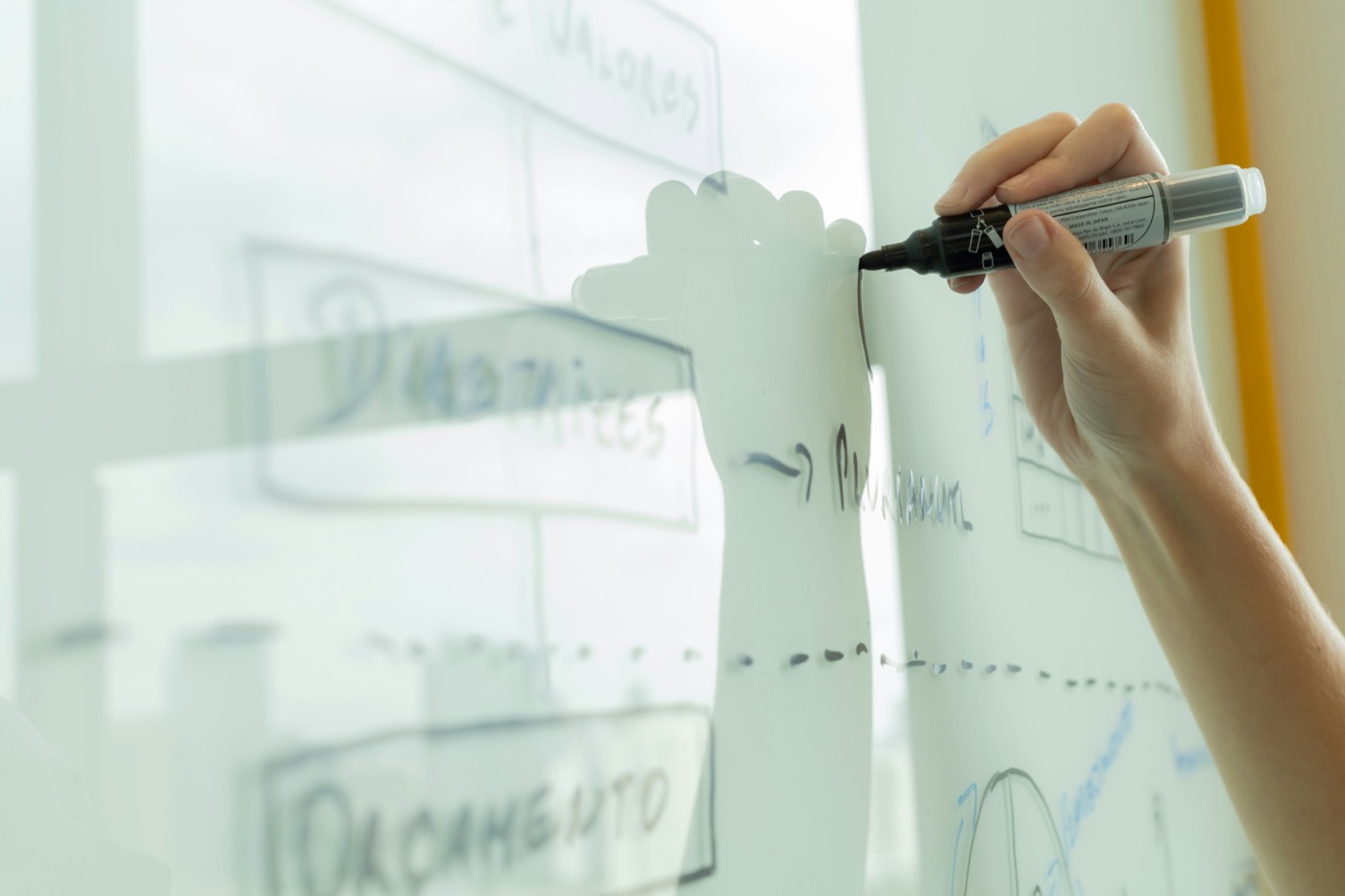 Specialists working through a delivery problem at a whiteboard